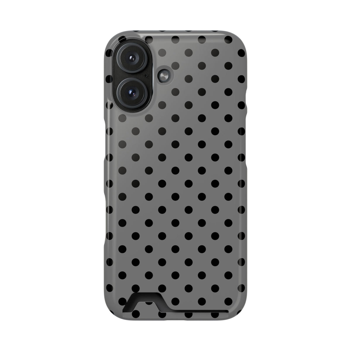 Gray Polka Dot phone case with card holder for iPhone 16, glossy finish