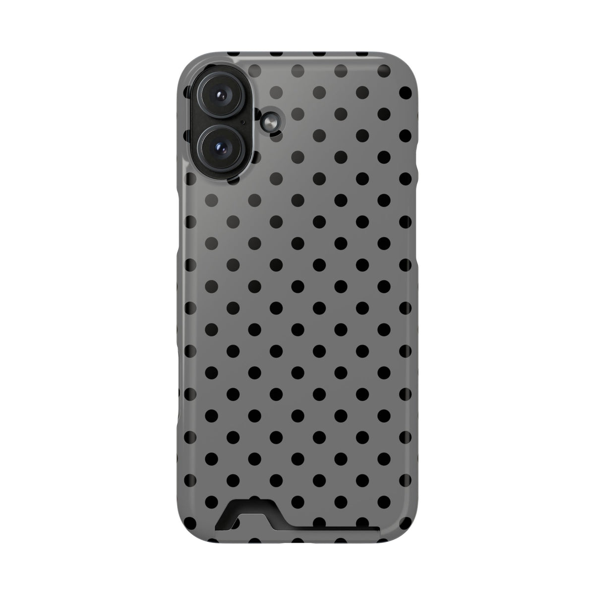 Gray Polka Dot phone case with card holder for iPhone 16 Plus, glossy finish
