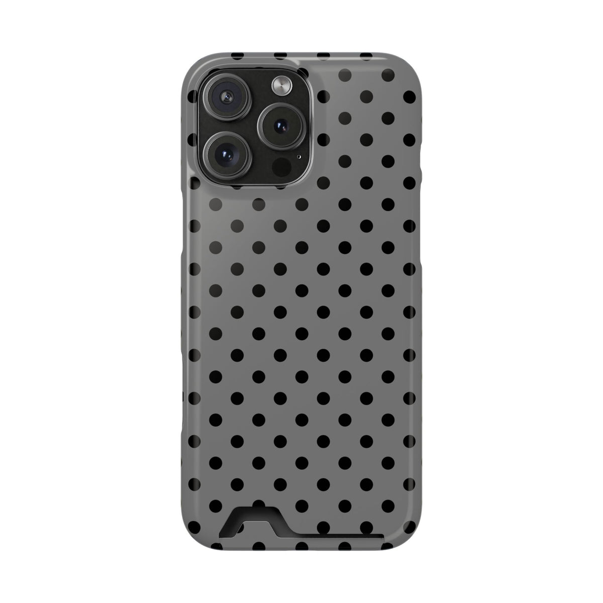 Gray Polka Dot phone case with card holder for iPhone 16 Pro Max, glossy finish