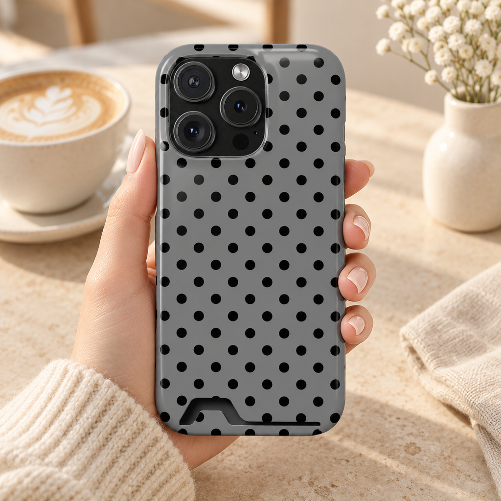 Gray Polka Dot phone case with card holder, black polka dots on soft gray, lifestyle photo in hand with coffee