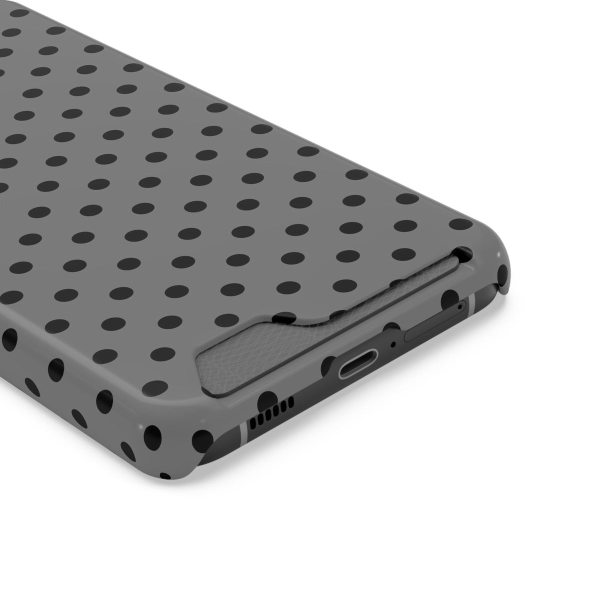 Gray Polka Dot phone case with card holder, close-up of the card slot