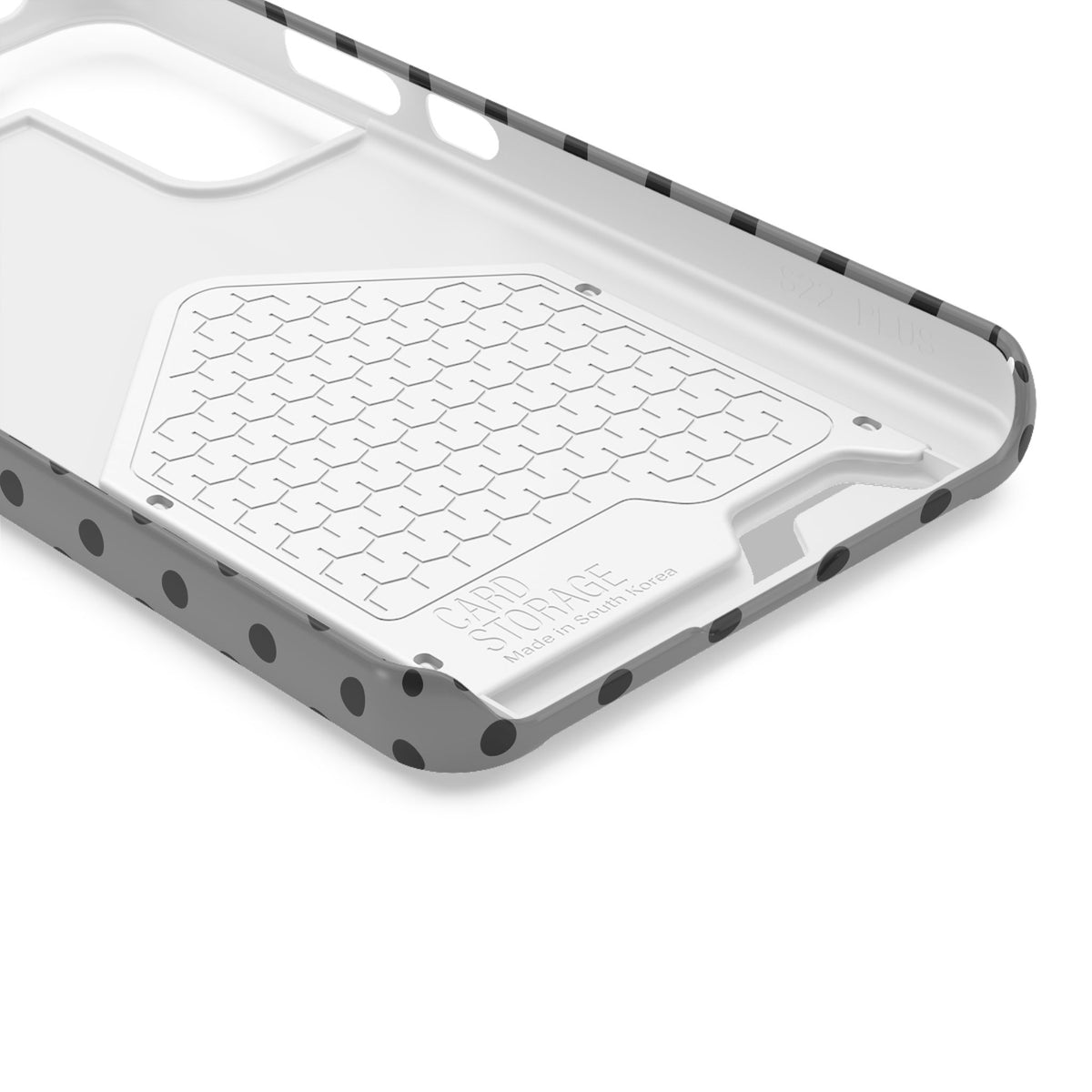Gray Polka Dot phone case with card holder, close-up of the inside