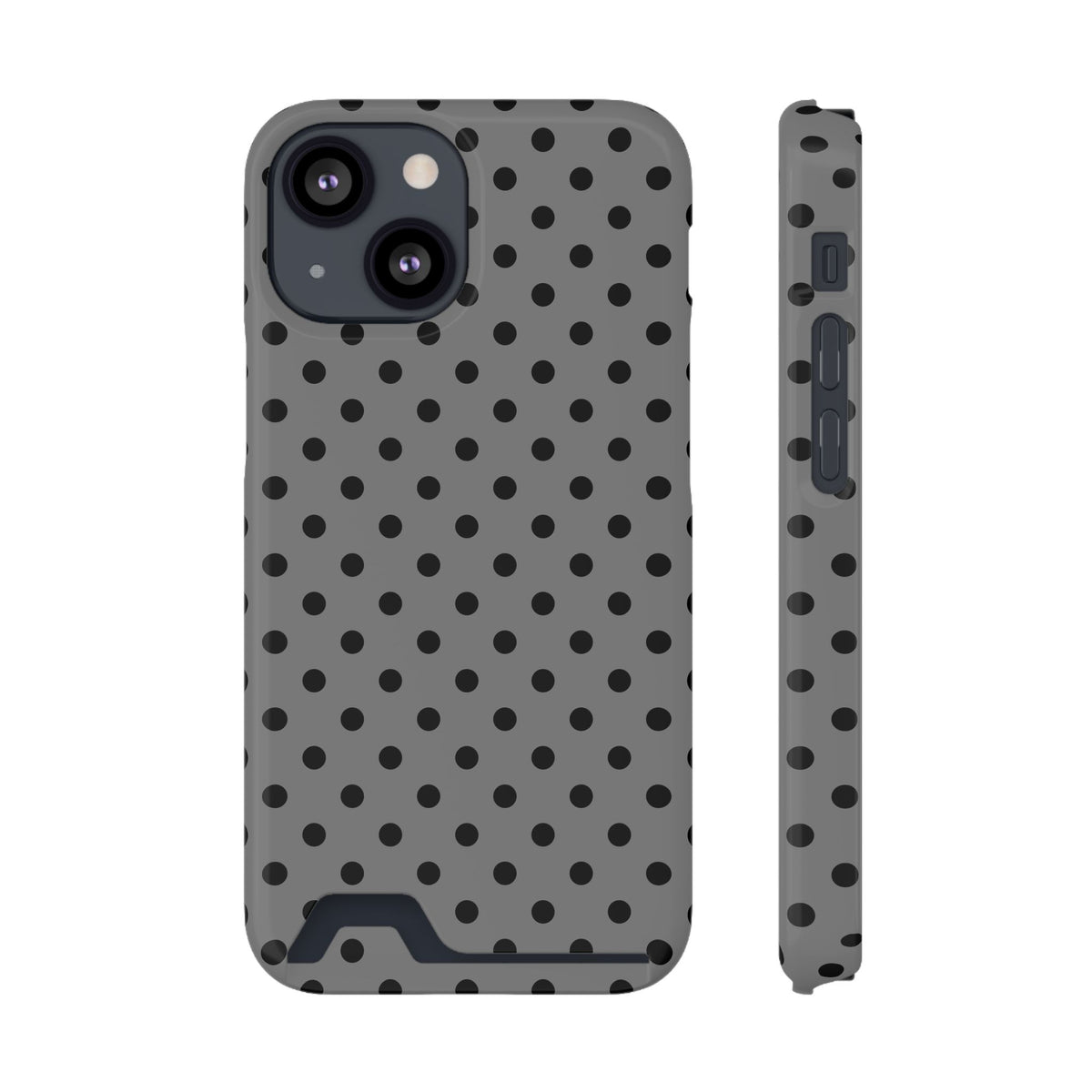 Gray Polka Dot phone case with card holder for iPhone 13 Mini, glossy finish