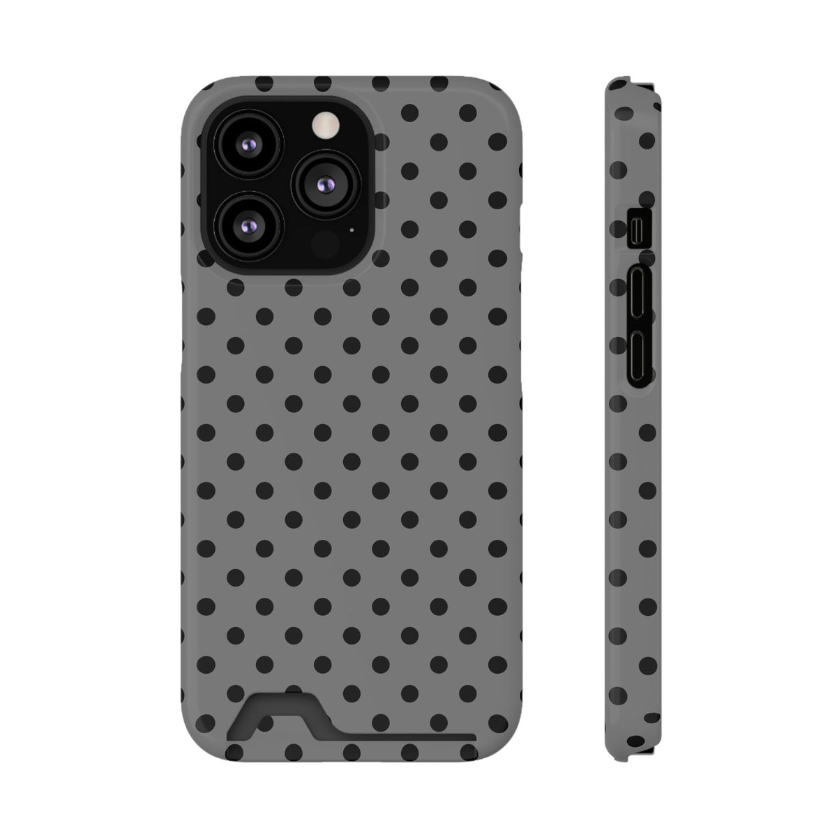 Gray Polka Dot phone case with card holder for iPhone 13 Pro, glossy finish