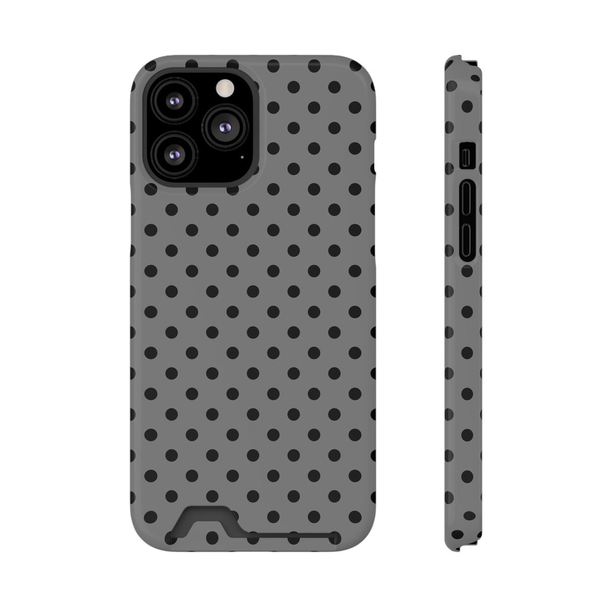 Gray Polka Dot phone case with card holder for iPhone 13 Pro Max, glossy finish