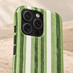 Green Stripe protective phone case, painted green and white stripes, lifestyle close-up of the camera