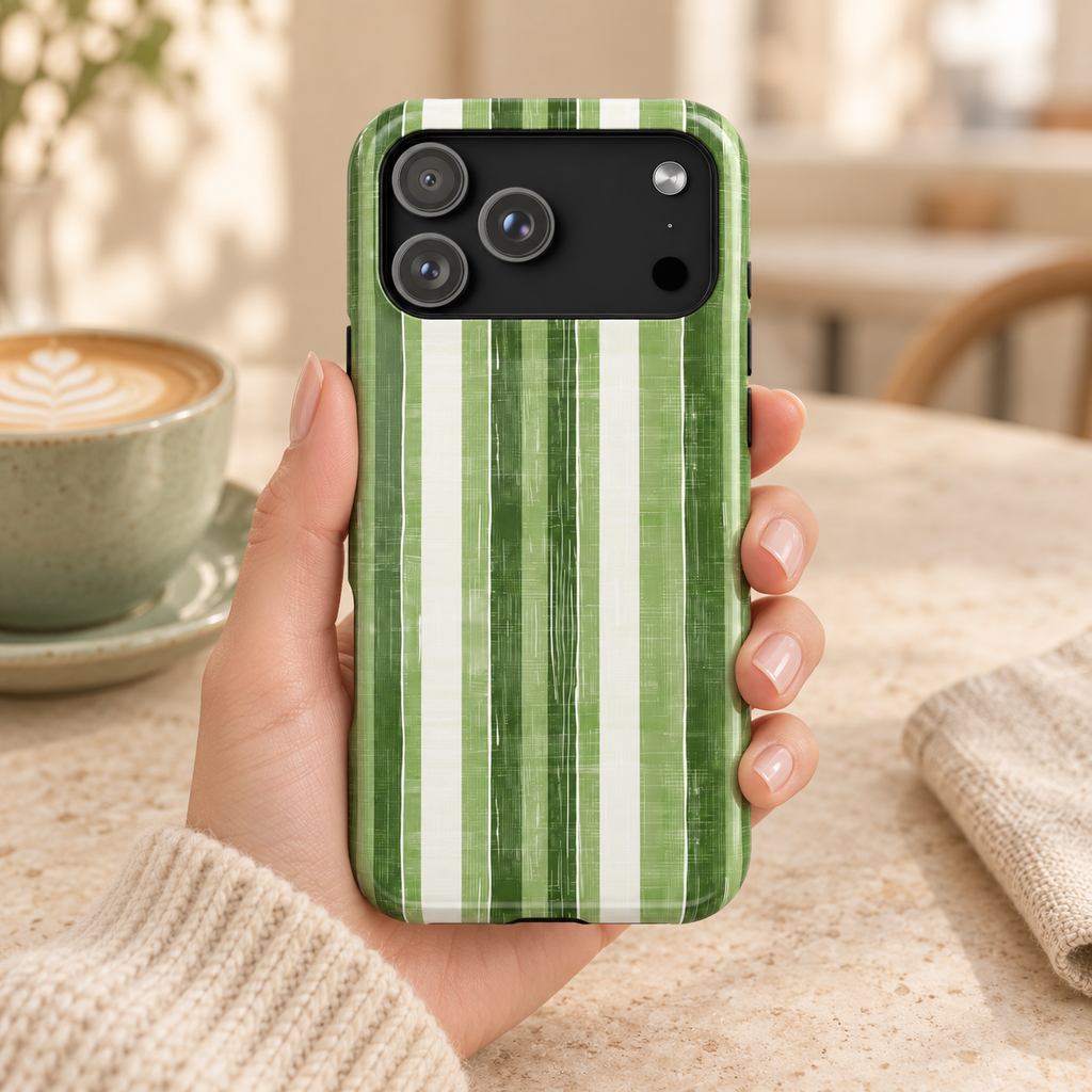 Green Stripe MagSafe case, painted green and white stripes, lifestyle photo in hand with coffee