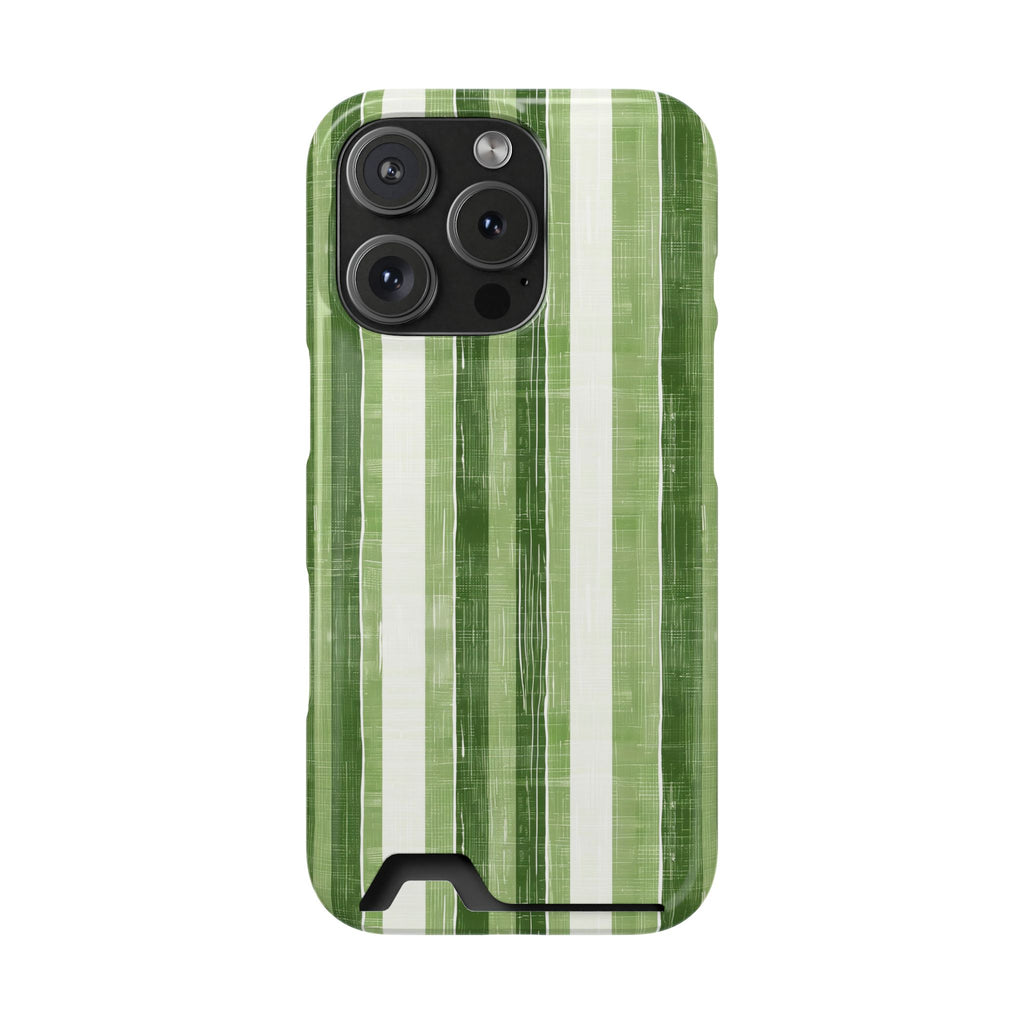 Green Stripe phone case with card holder for iPhone 16 Pro, glossy finish