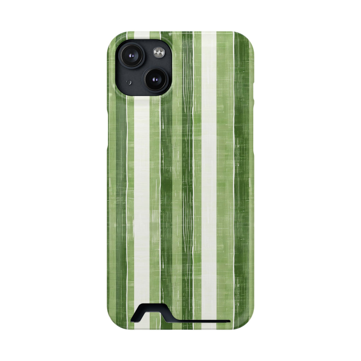 Green Stripe phone case with card holder for iPhone 14 Plus, glossy finish