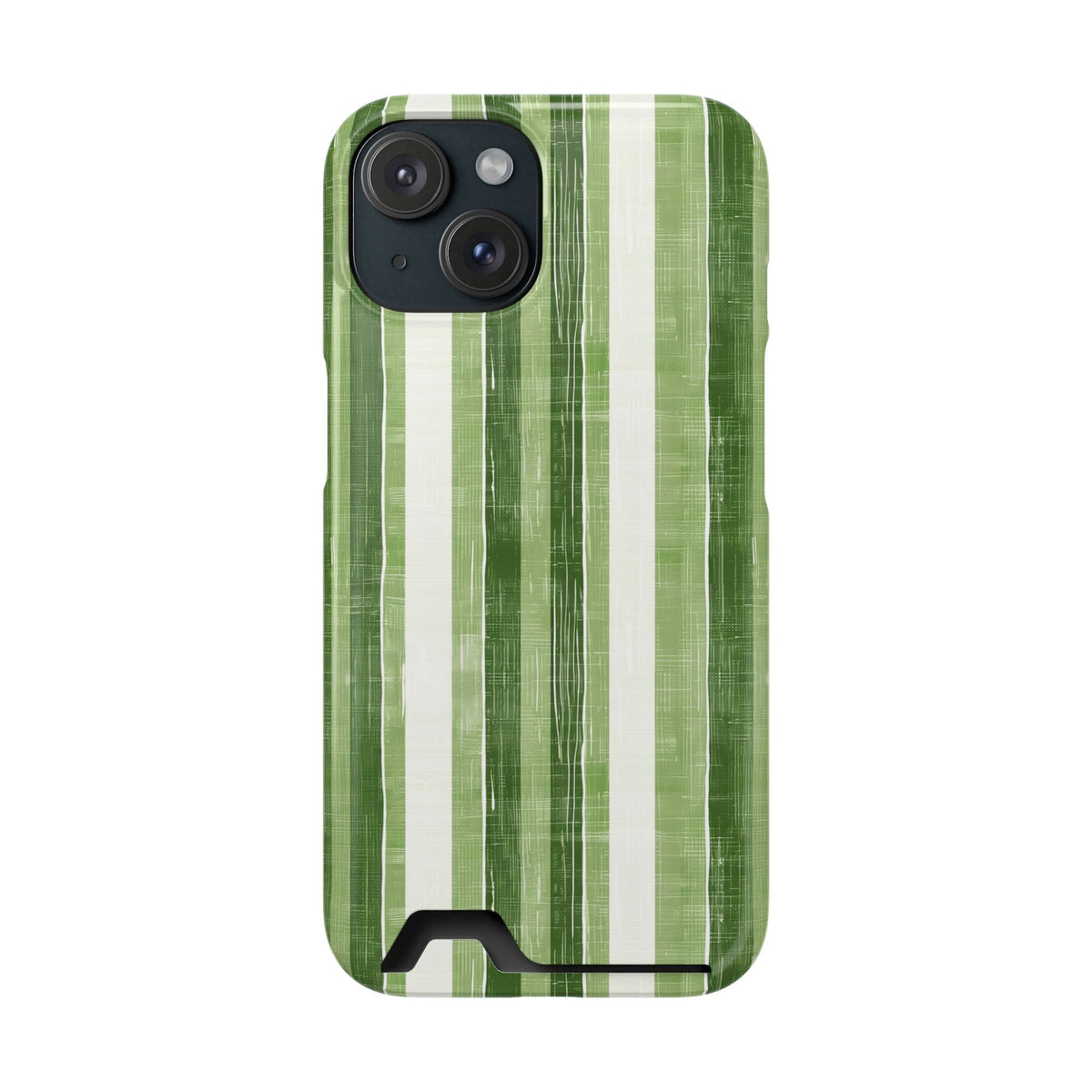 Green Stripe phone case with card holder for iPhone 15, glossy finish