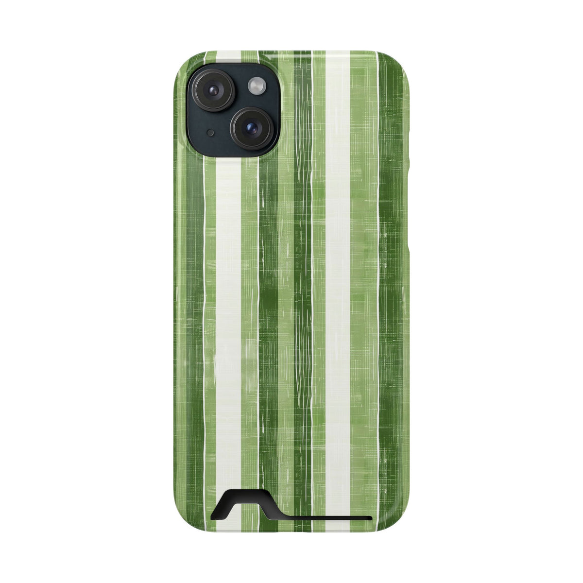 Green Stripe phone case with card holder for iPhone 15 Plus, glossy finish