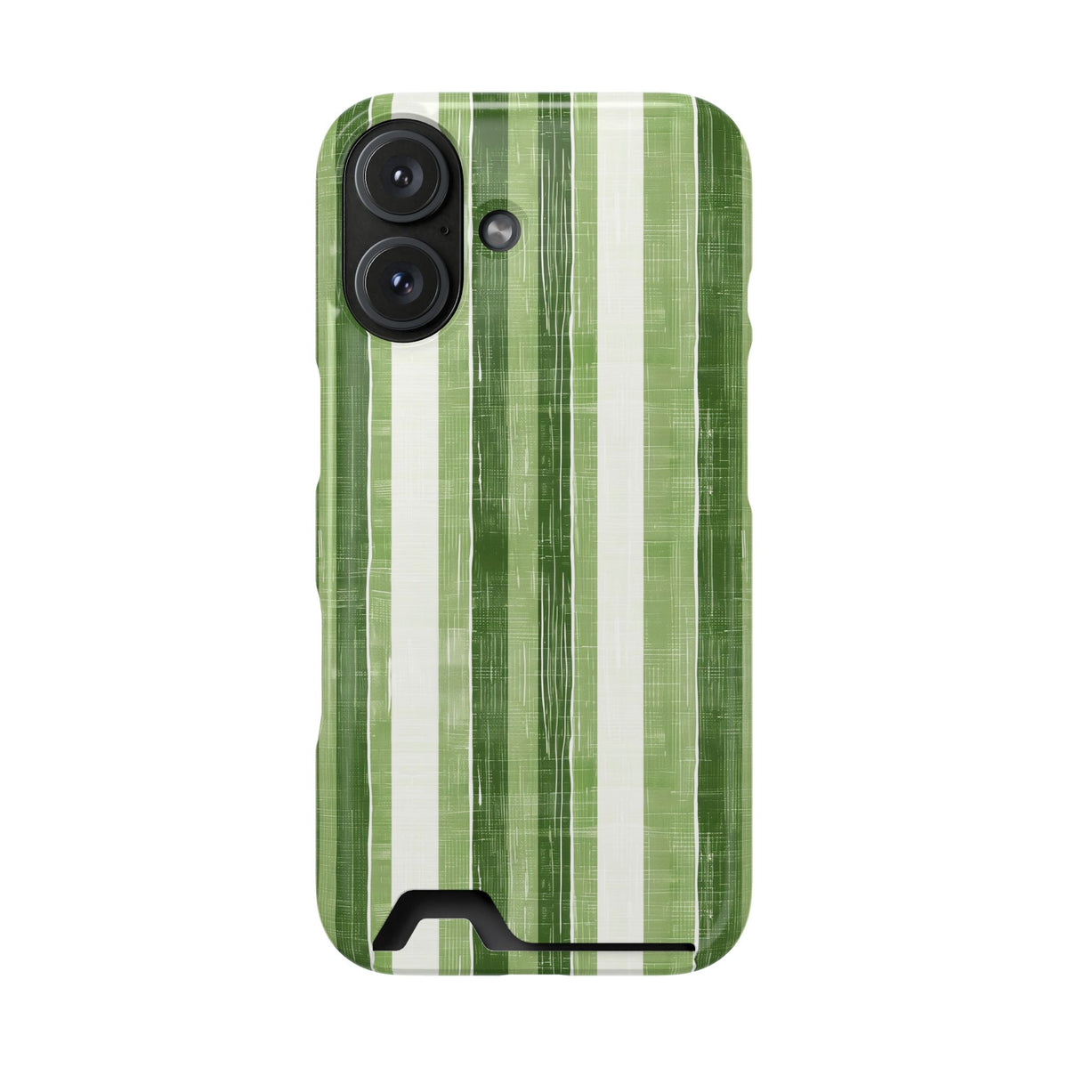 Green Stripe phone case with card holder for iPhone 16, glossy finish