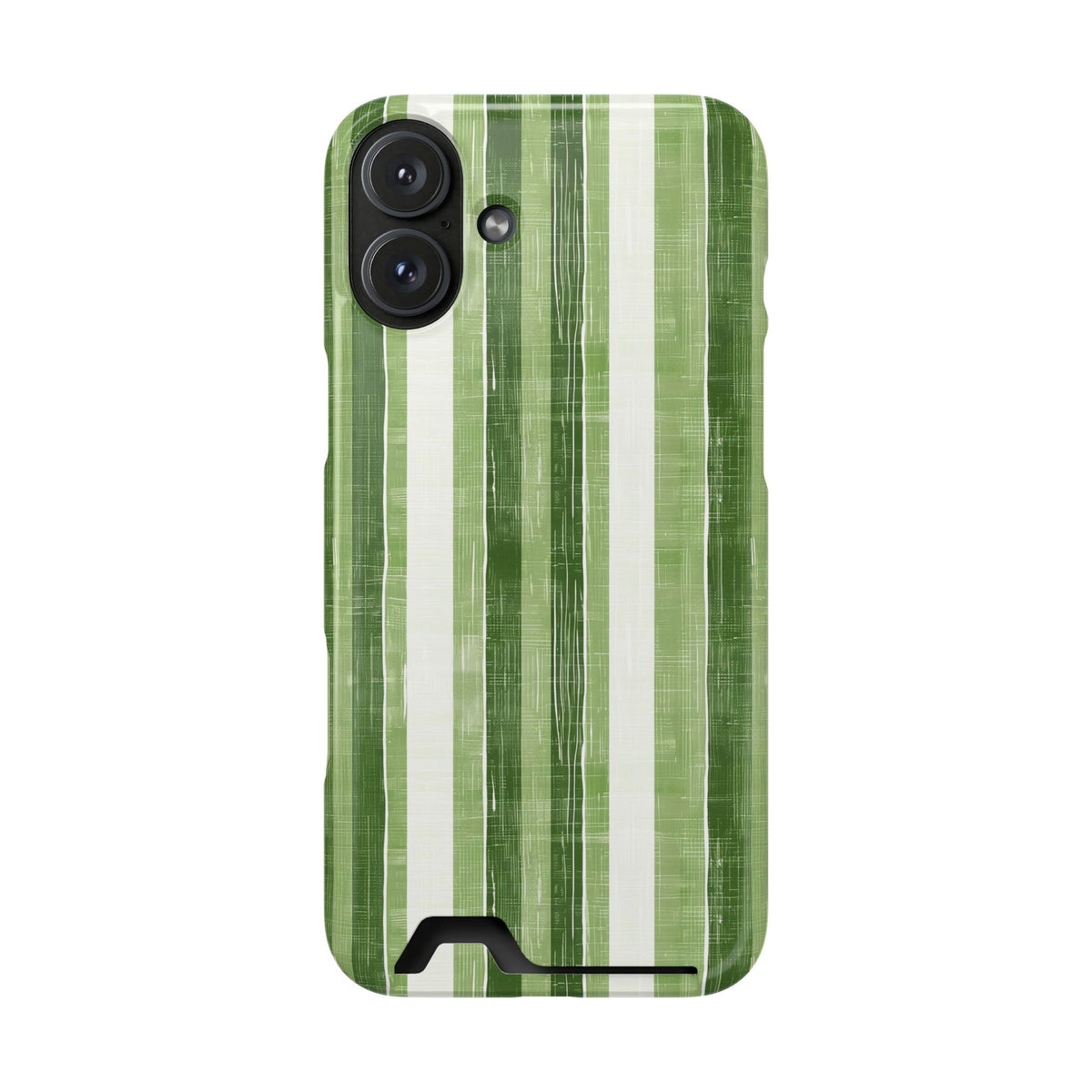 Green Stripe phone case with card holder for iPhone 16 Plus, glossy finish