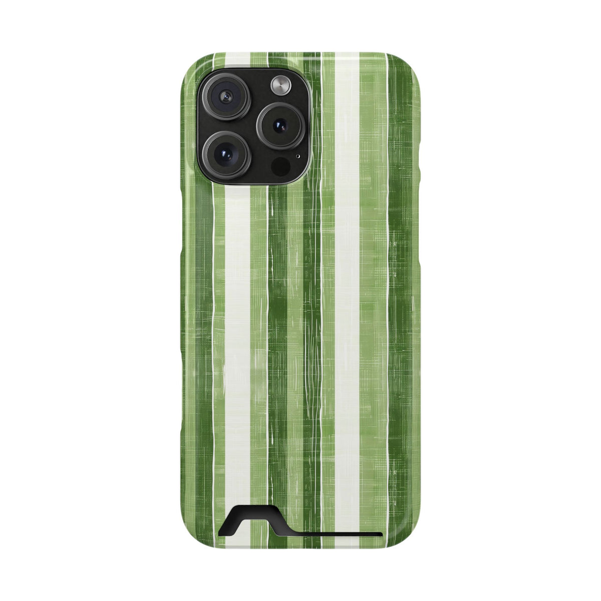 Green Stripe phone case with card holder for iPhone 16 Pro Max, glossy finish