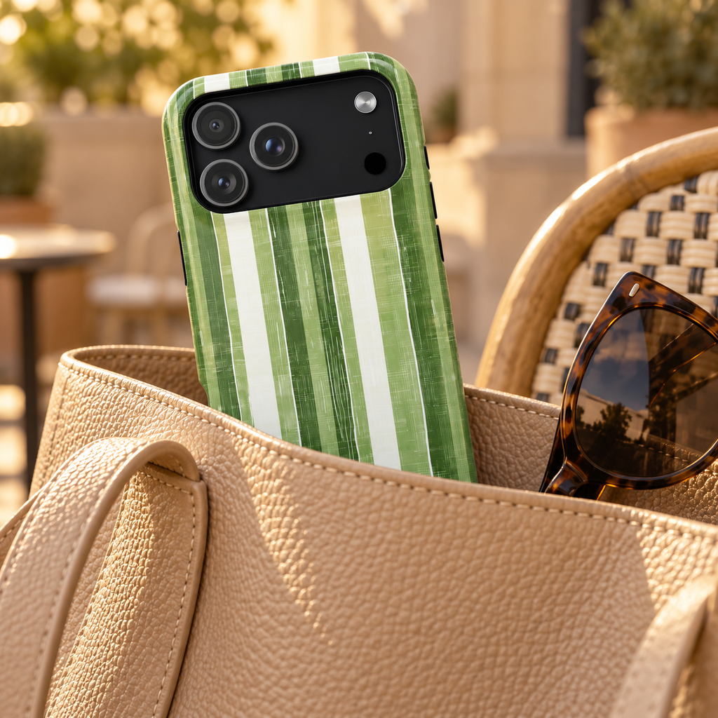 Green Stripe phone case with card holder, painted green and white stripes, lifestyle photo in a handbag