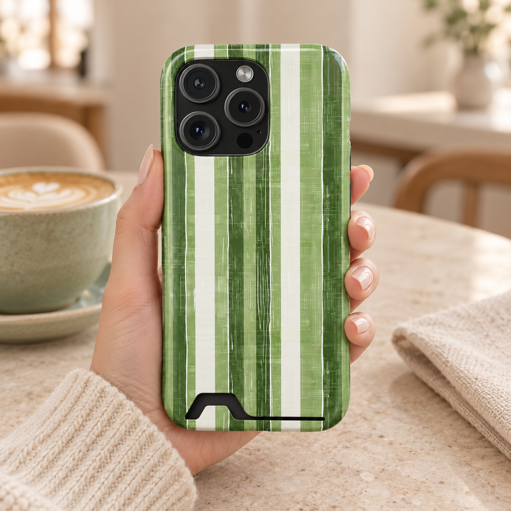 Green Stripe phone case with card holder, painted green and white stripes, lifestyle photo in hand with coffee