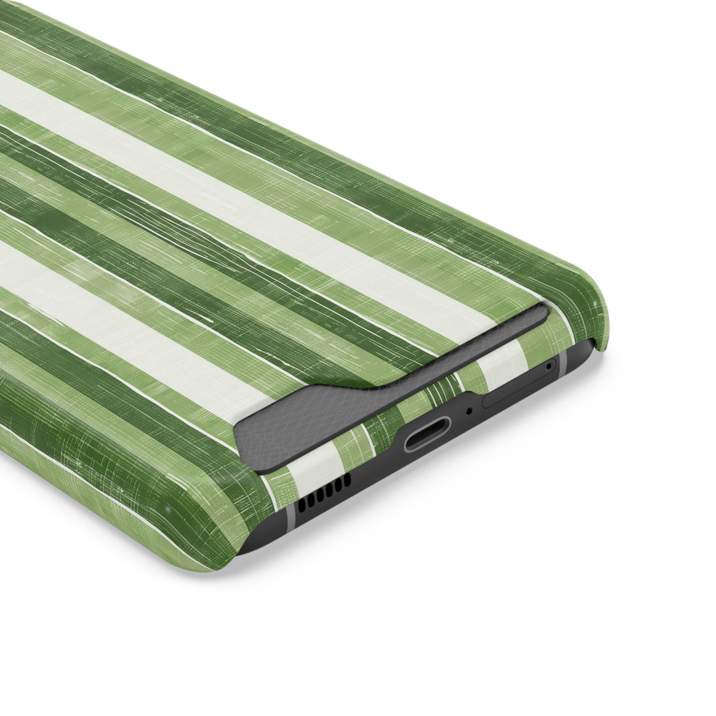 Green Stripe phone case with card holder, close-up of the card slot