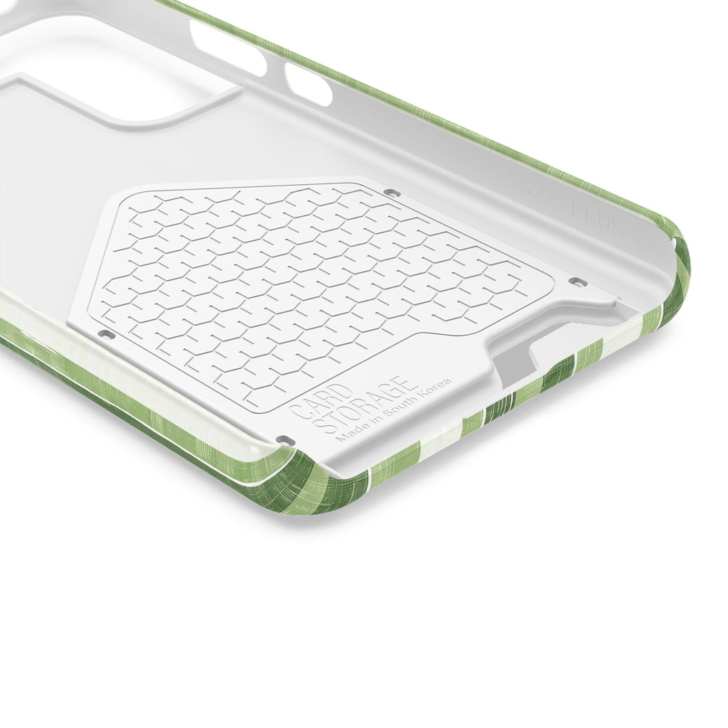 Green Stripe phone case with card holder, close-up of the inside