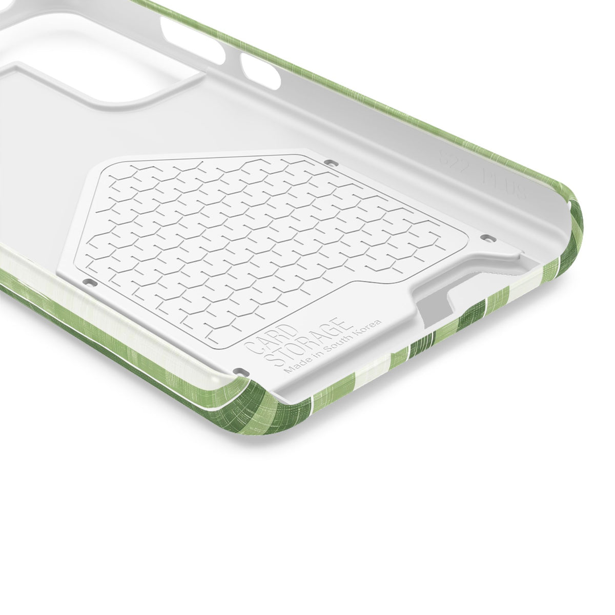 Green Stripe phone case with card holder, close-up of the inside