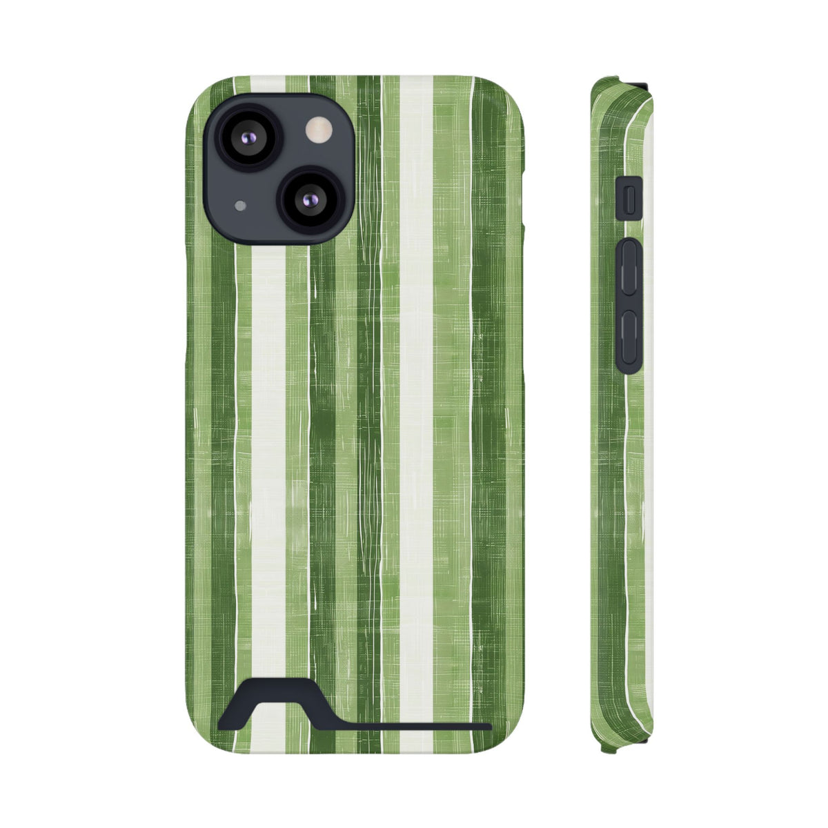 Green Stripe phone case with card holder for iPhone 13 Mini, glossy finish