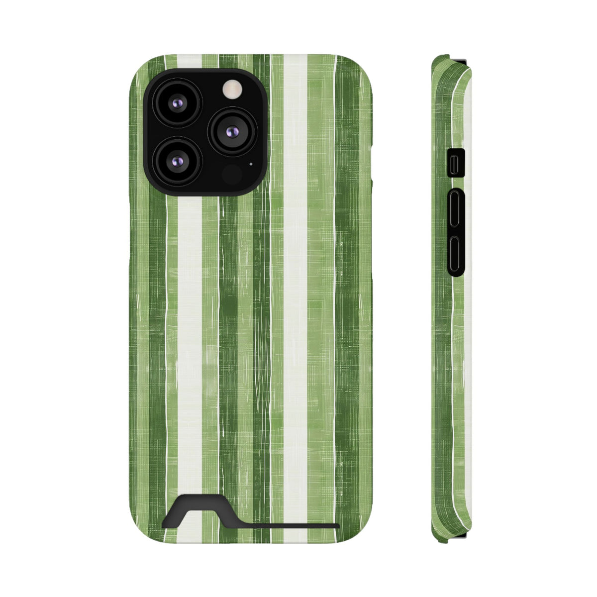 Green Stripe phone case with card holder for iPhone 13 Pro, glossy finish