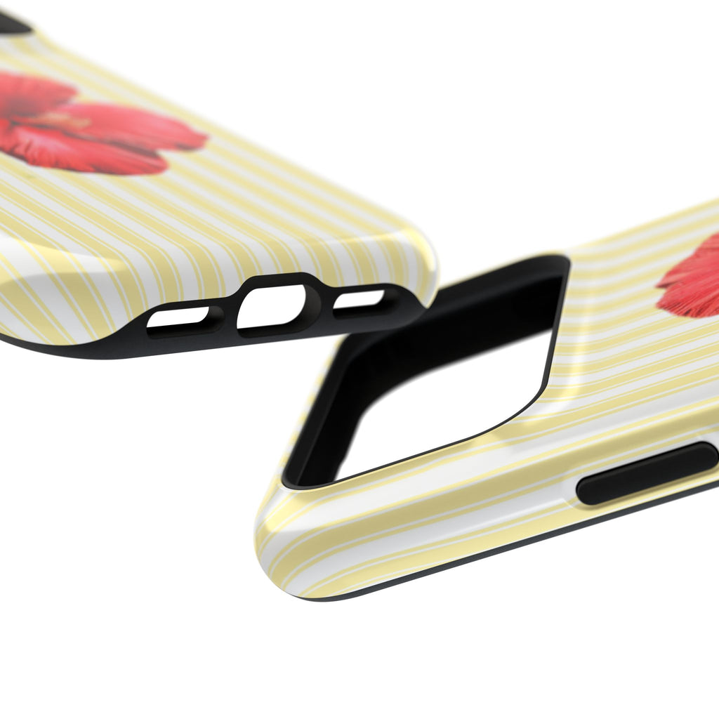 Hibiscus Stripe protective phone case, close-up at an angle