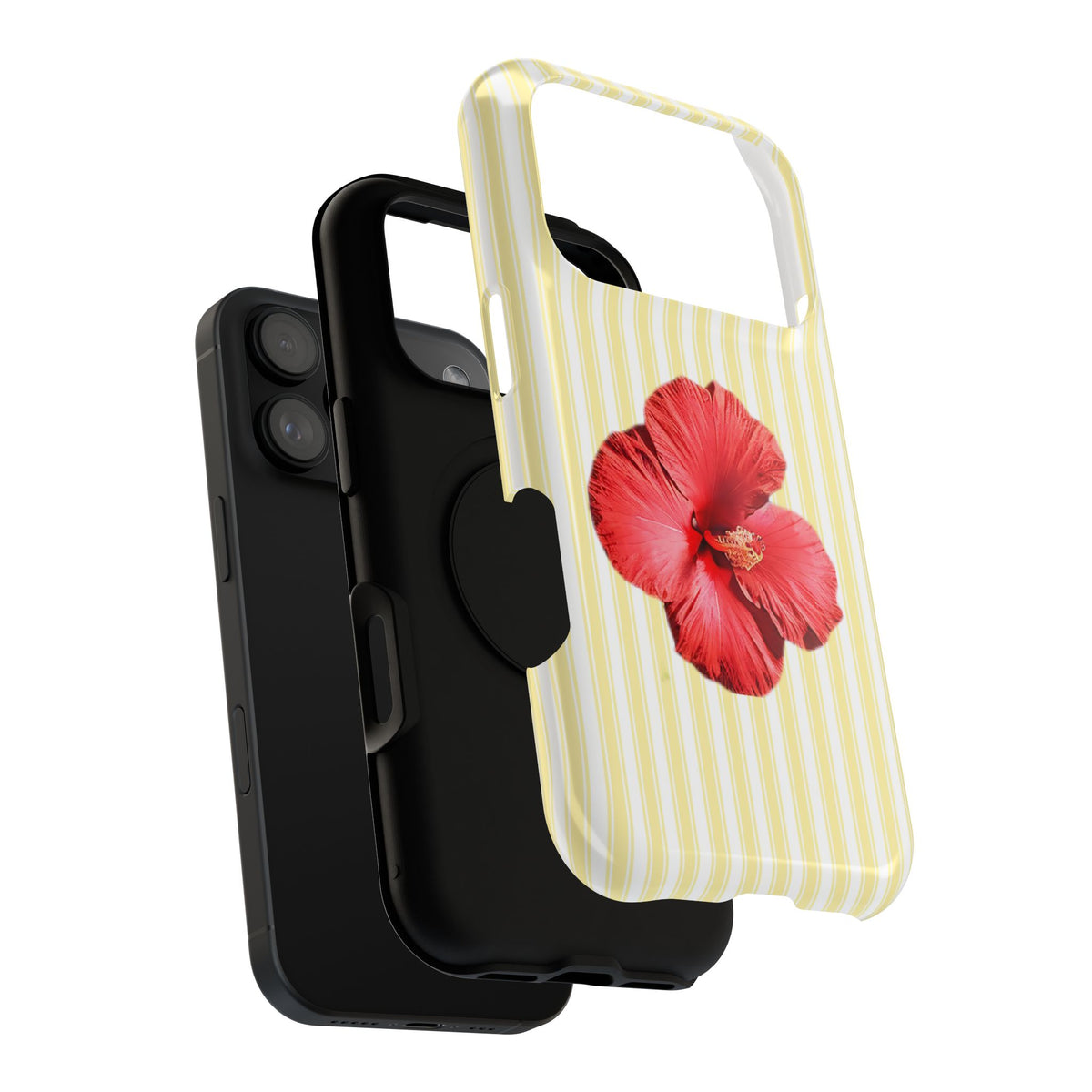 Hibiscus Stripe protective phone case, close-up of the dual-layer construction