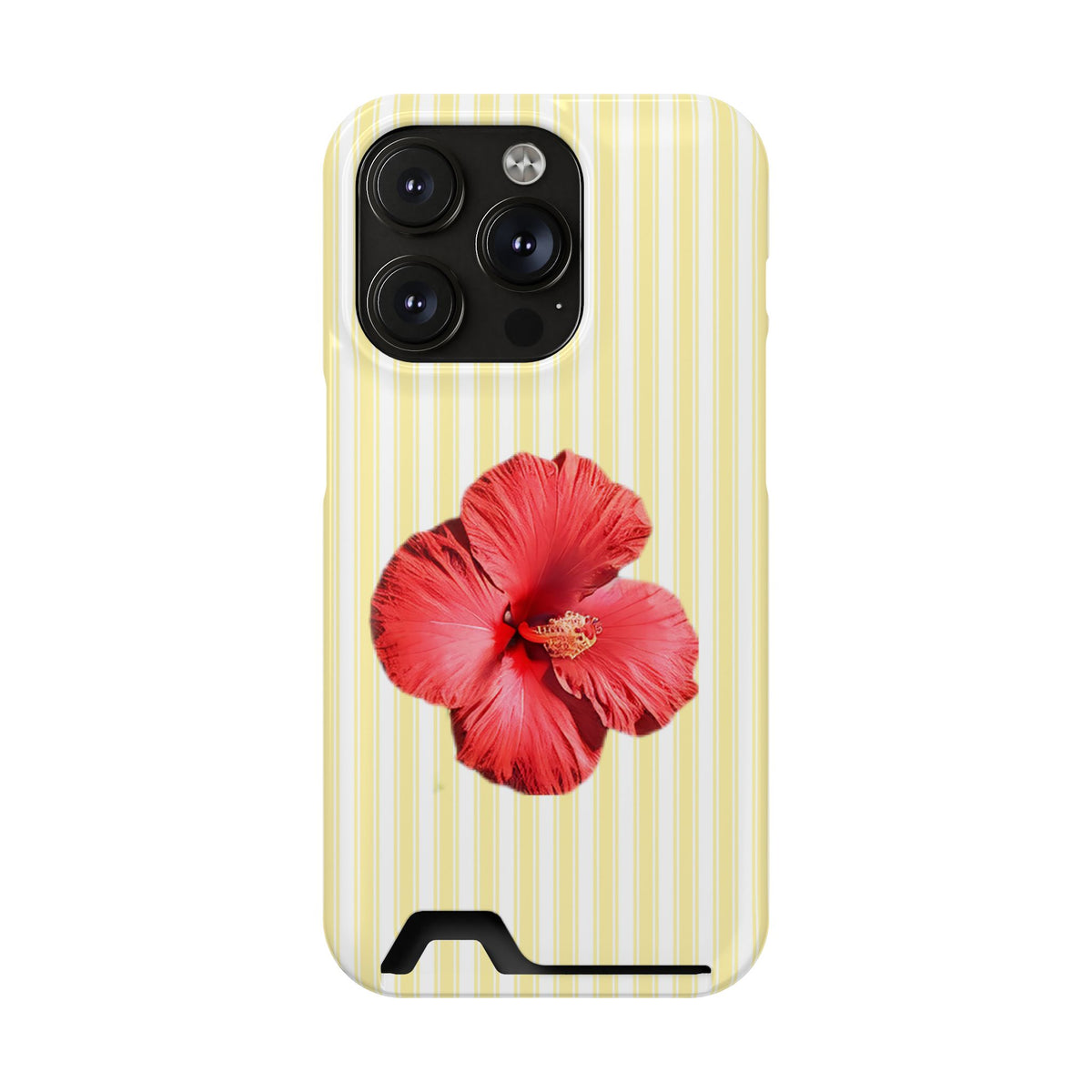 Hibiscus Stripe phone case with card holder for iPhone 14 Pro, glossy finish