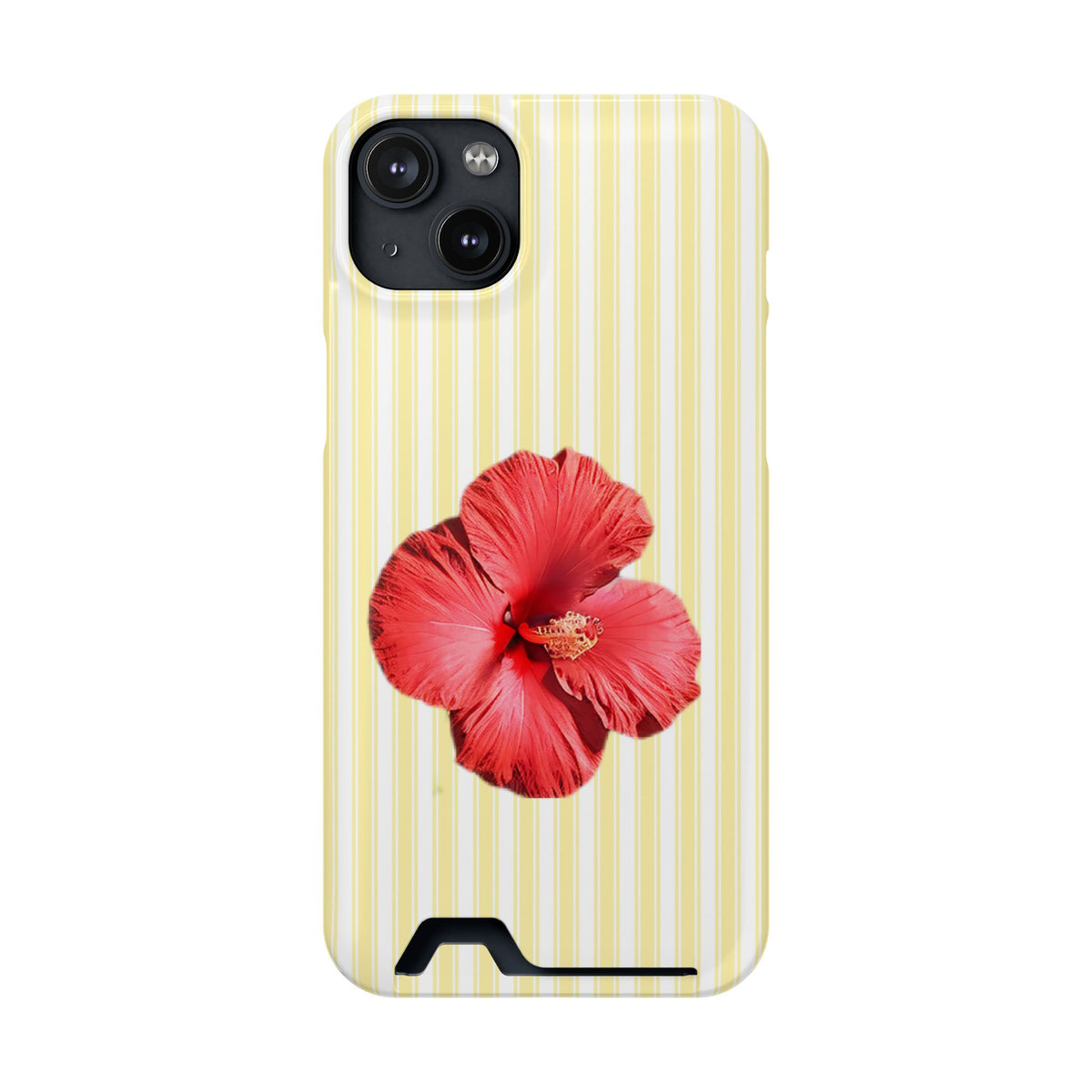 Hibiscus Stripe phone case with card holder for iPhone 14 Plus, glossy finish