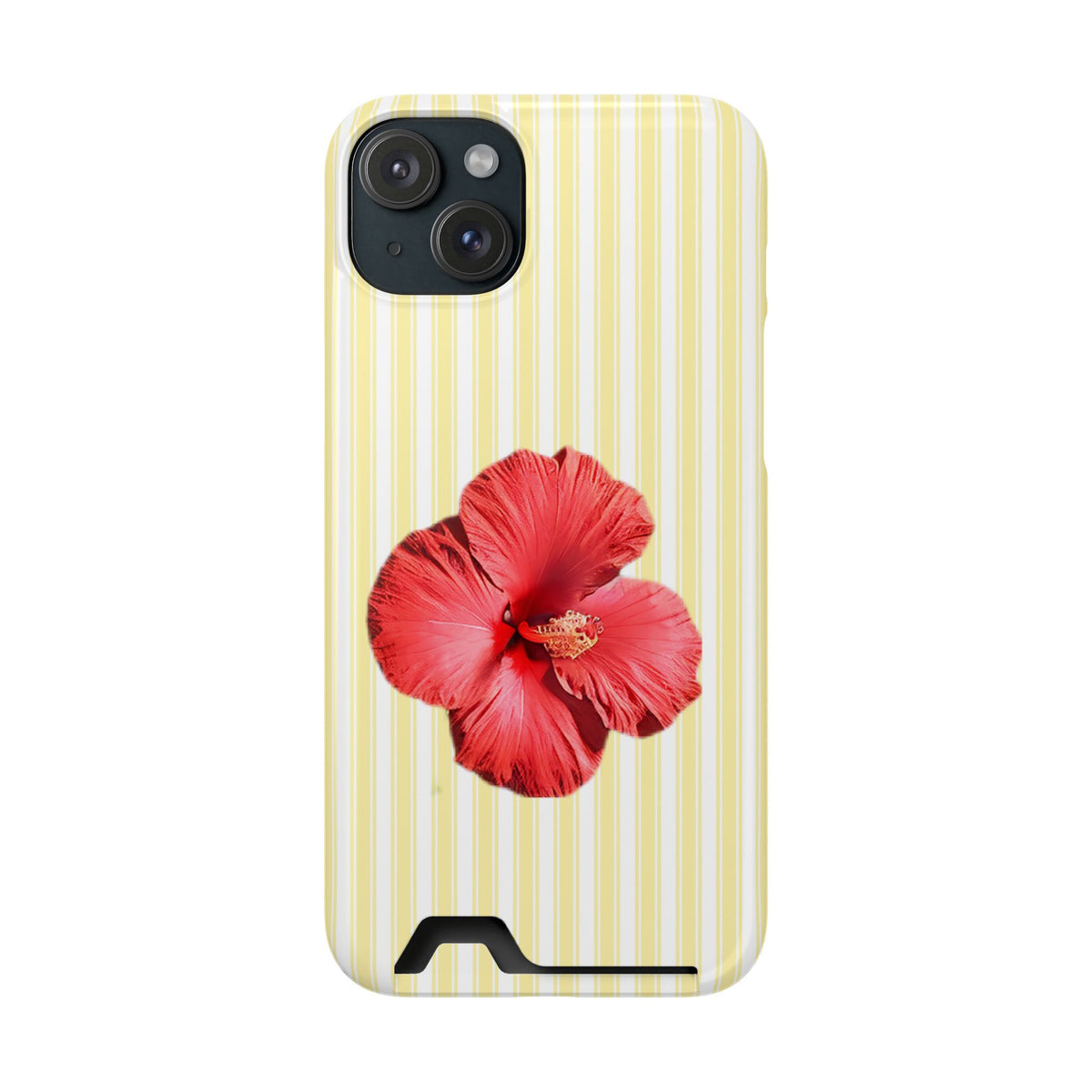 Hibiscus Stripe phone case with card holder for iPhone 15 Plus, glossy finish