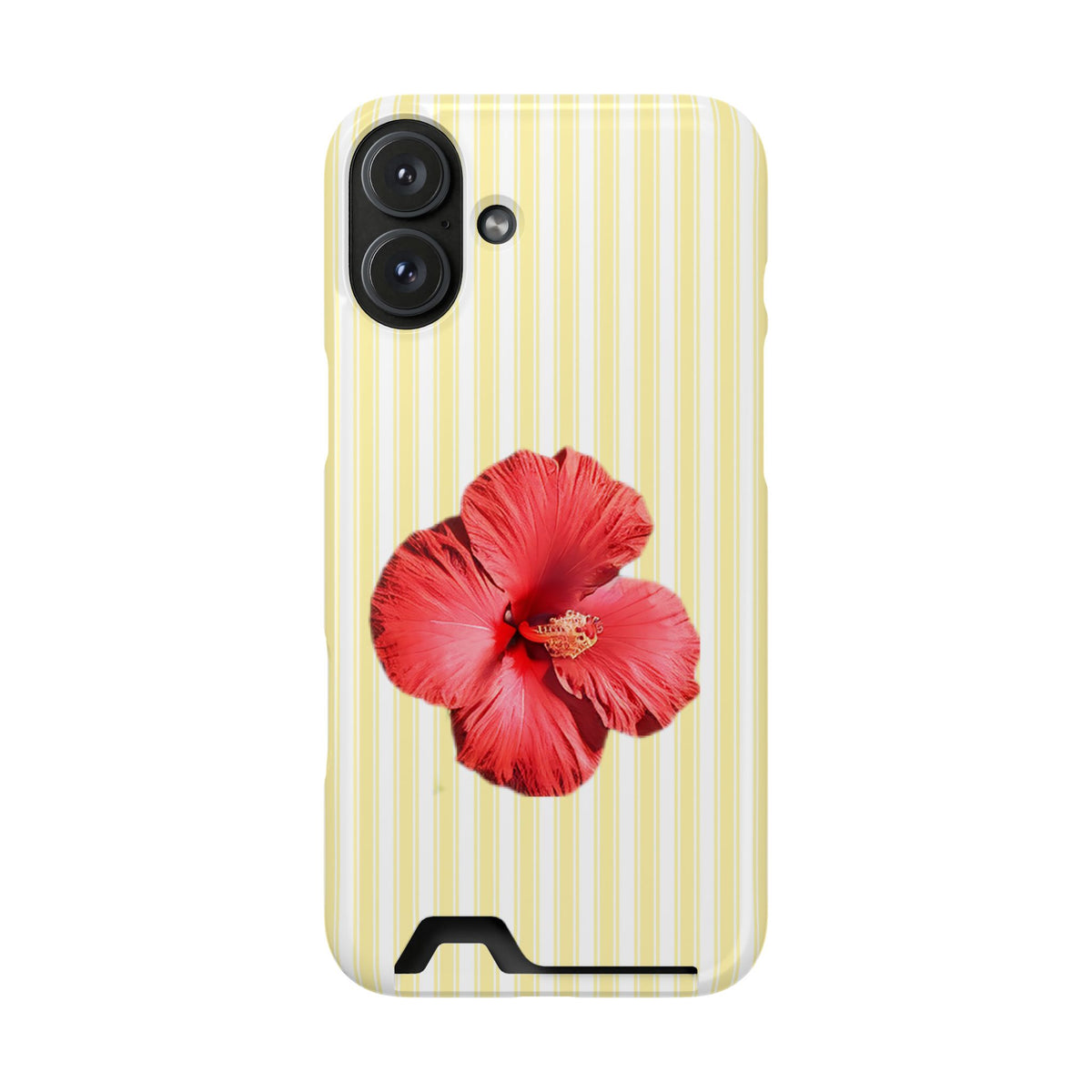 Hibiscus Stripe phone case with card holder for iPhone 16 Plus, glossy finish