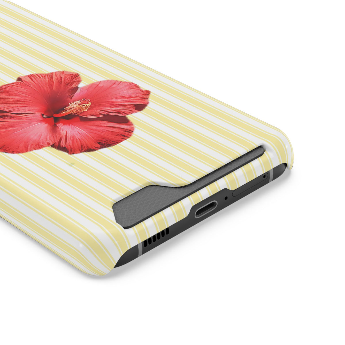 Hibiscus Stripe phone case with card holder, close-up of the card slot
