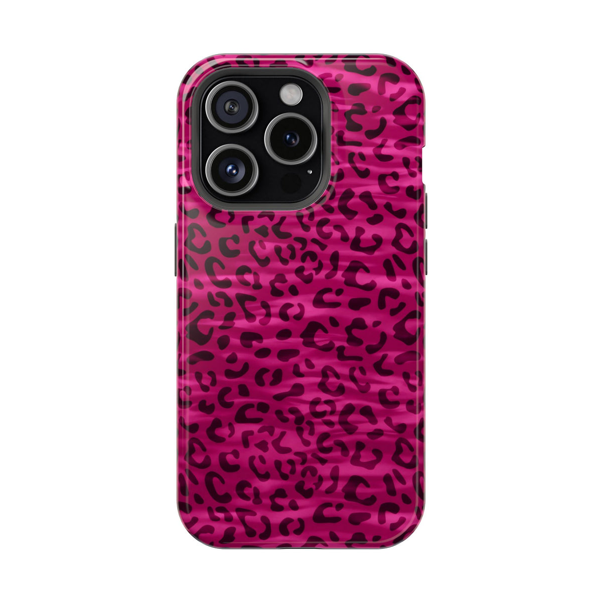 Hot Pink Leopard protective phone case for iPhone 15 Pro, glossy finish