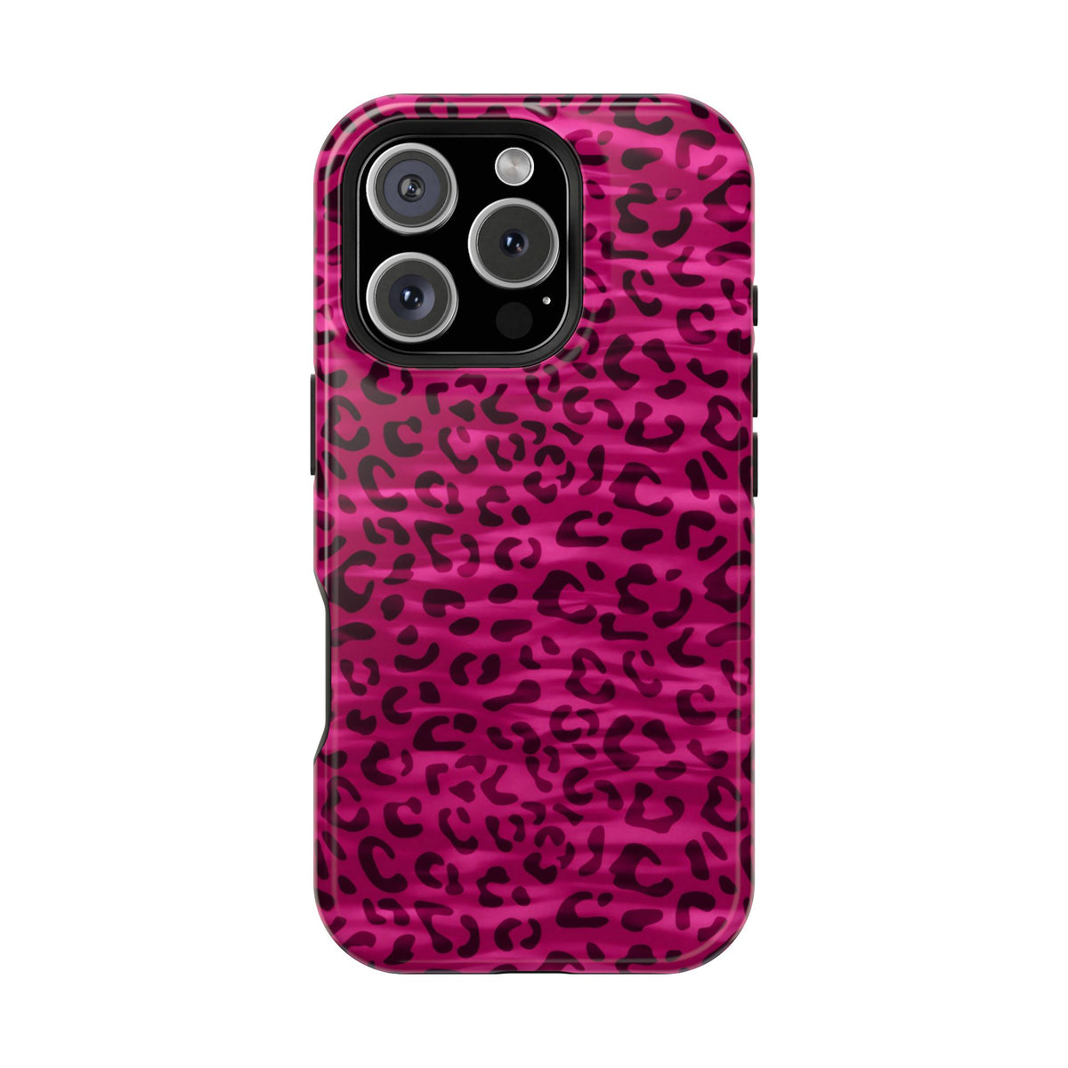 Hot Pink Leopard protective phone case for iPhone 16 Pro, glossy finish