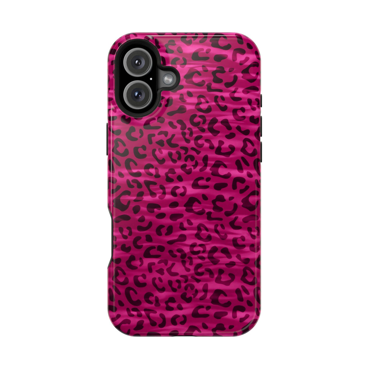 Hot Pink Leopard protective phone case for iPhone 16 Plus, glossy finish