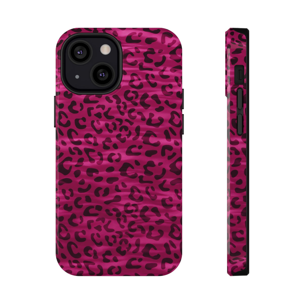 Hot Pink Leopard protective phone case for iPhone 13 Mini, glossy finish