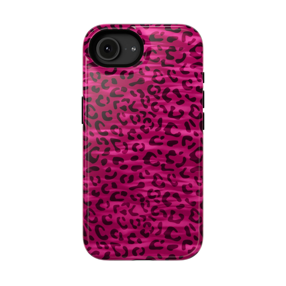 Hot Pink Leopard protective phone case for iPhone 16e, glossy finish