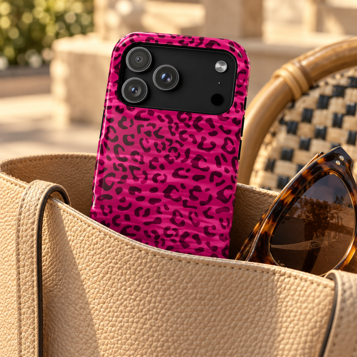 Hot Pink Leopard protective phone case, hot pink leopard print, lifestyle photo in a handbag