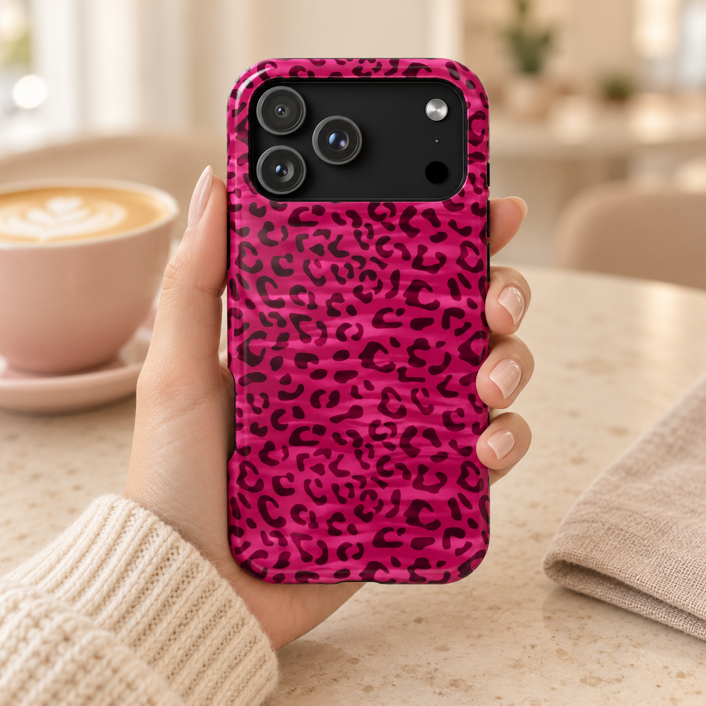 Hot Pink Leopard protective phone case, hot pink leopard print, lifestyle photo in hand with coffee