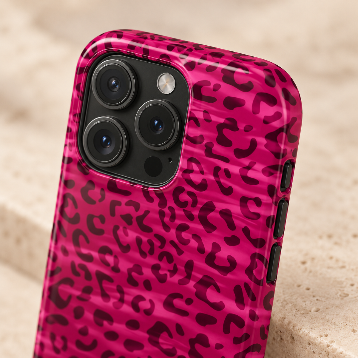 Hot Pink Leopard protective phone case, hot pink leopard print, lifestyle close-up of the camera