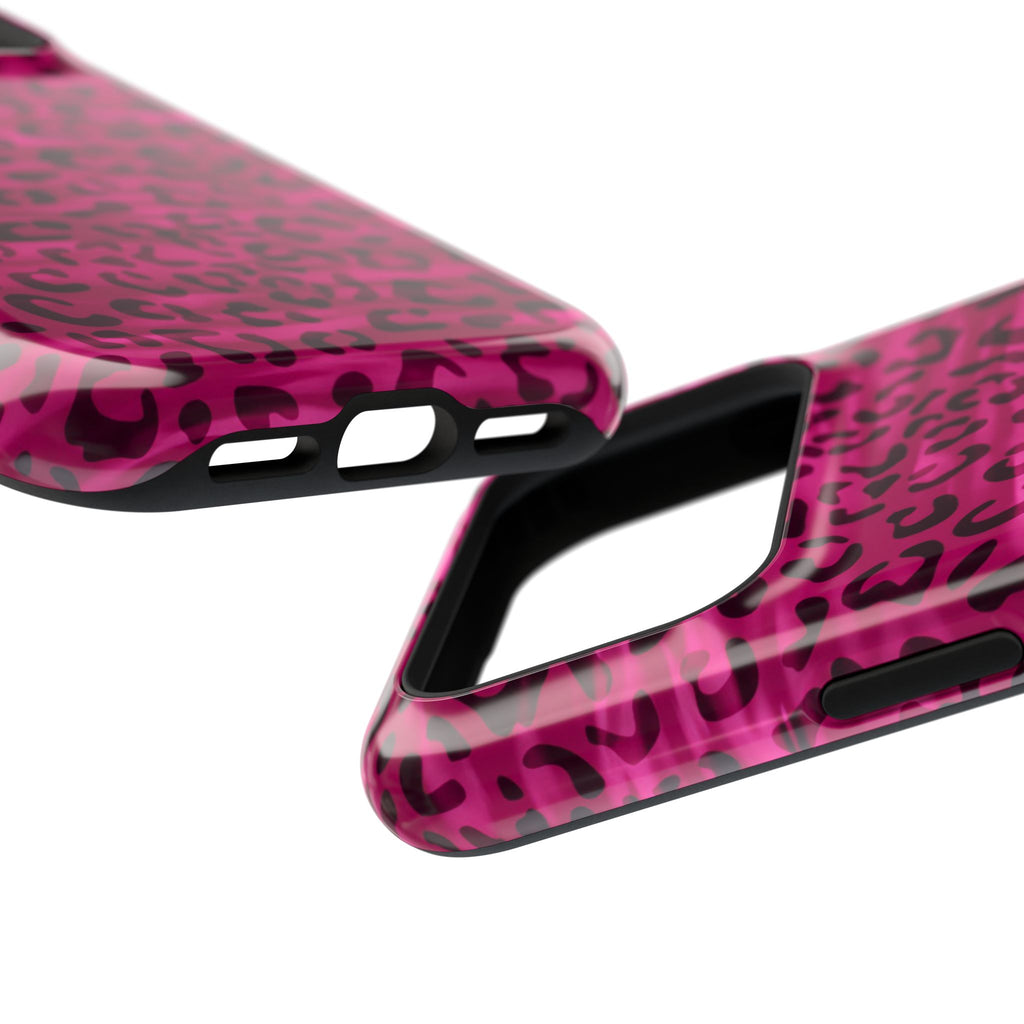 Hot Pink Leopard protective phone case, close-up at an angle