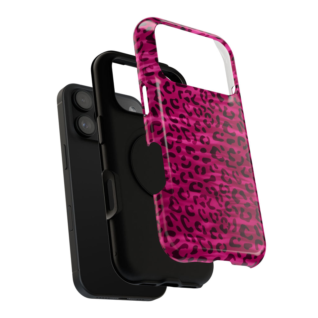Hot Pink Leopard protective phone case, close-up of the dual-layer construction