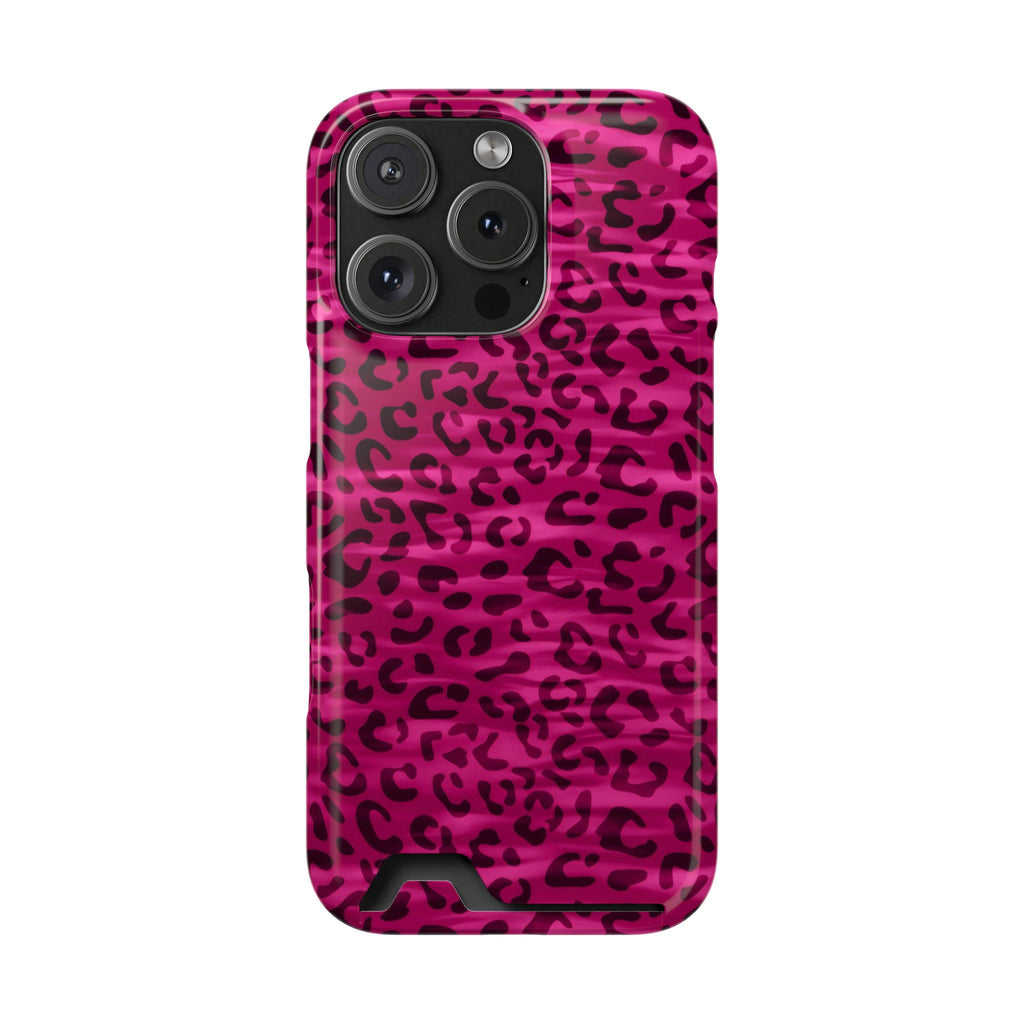 Hot Pink Leopard phone case with card holder for iPhone 16 Pro, glossy finish