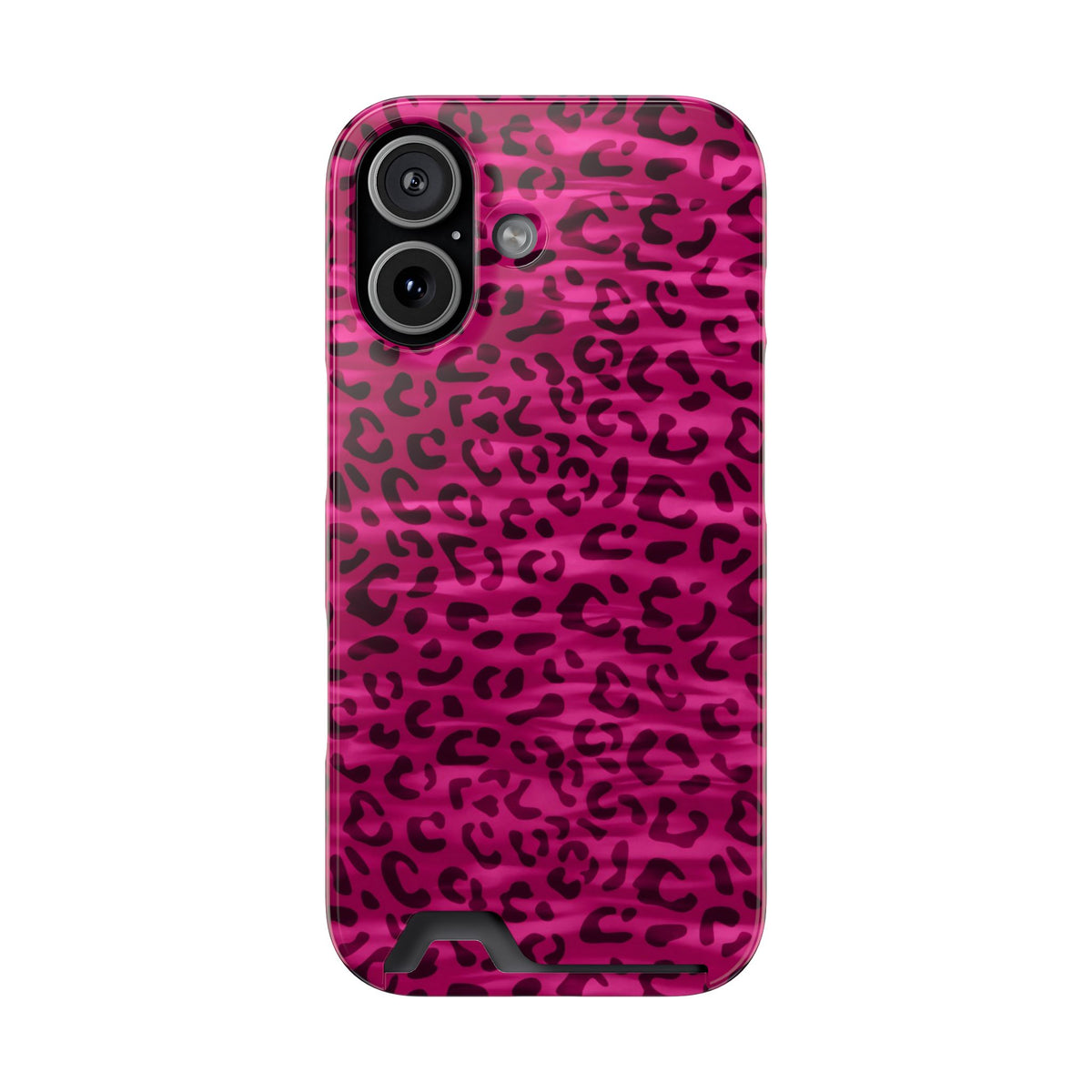 Hot Pink Leopard phone case with card holder for iPhone 17, glossy finish