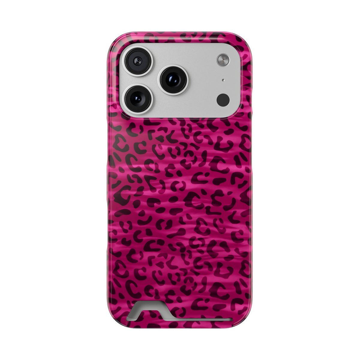 Hot Pink Leopard phone case with card holder for iPhone 17 Pro, glossy finish