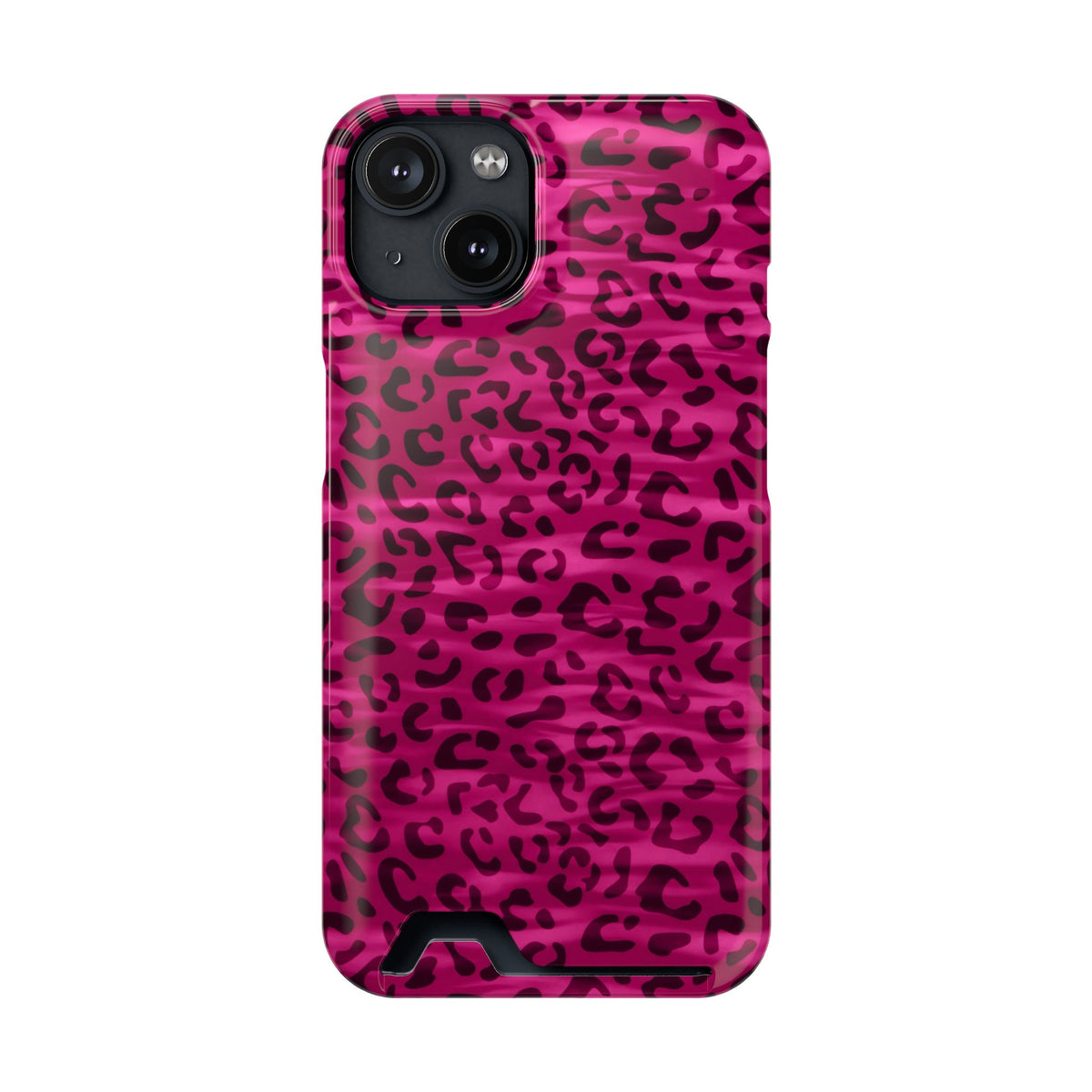 Hot Pink Leopard phone case with card holder for iPhone 14, glossy finish