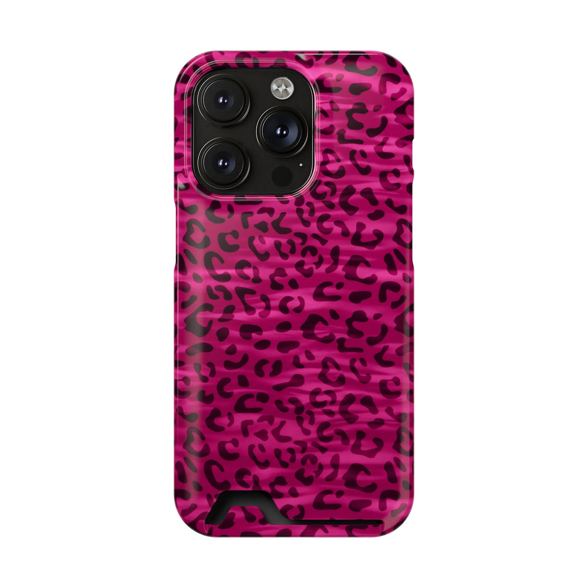 Hot Pink Leopard phone case with card holder for iPhone 14 Pro, glossy finish