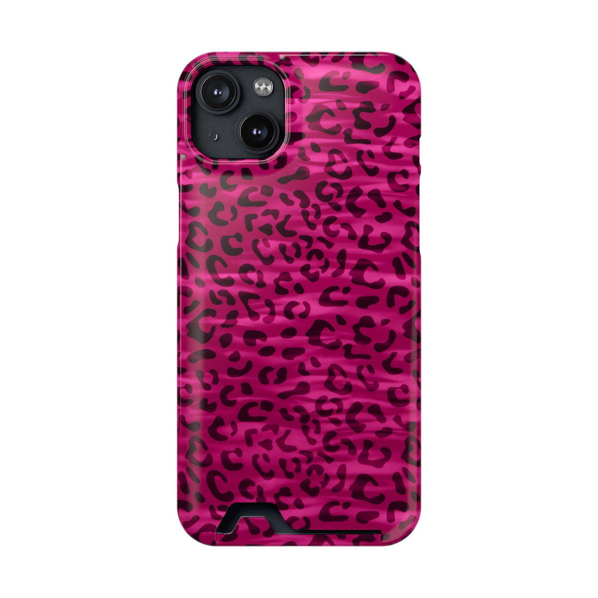 Hot Pink Leopard phone case with card holder for iPhone 14 Plus, glossy finish