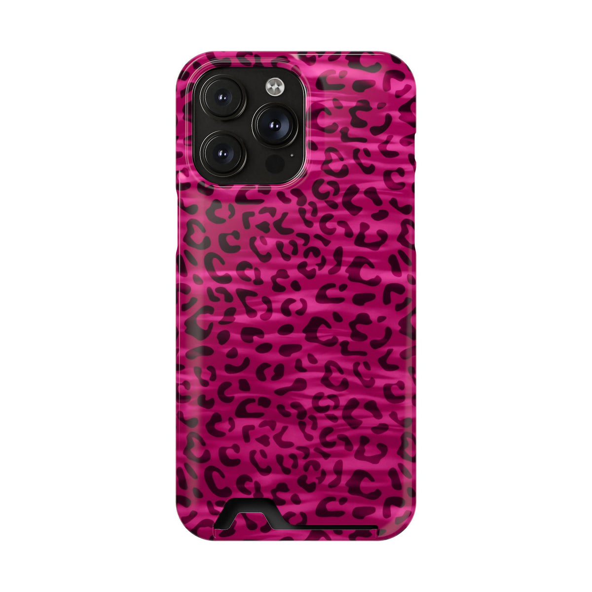 Hot Pink Leopard phone case with card holder for iPhone 14 Pro Max, glossy finish