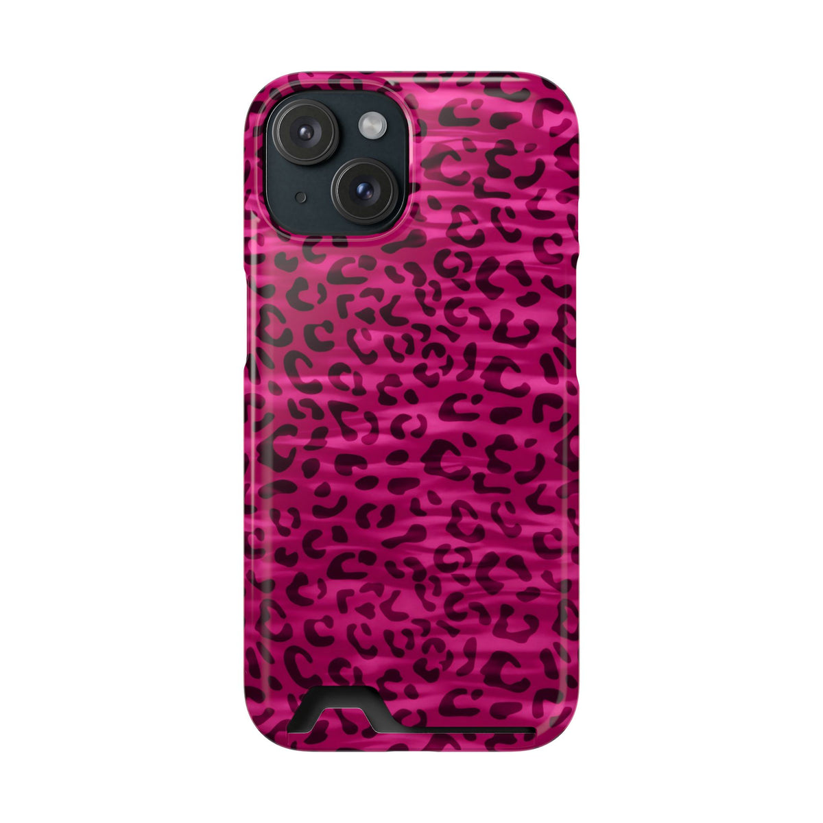 Hot Pink Leopard phone case with card holder for iPhone 15, glossy finish